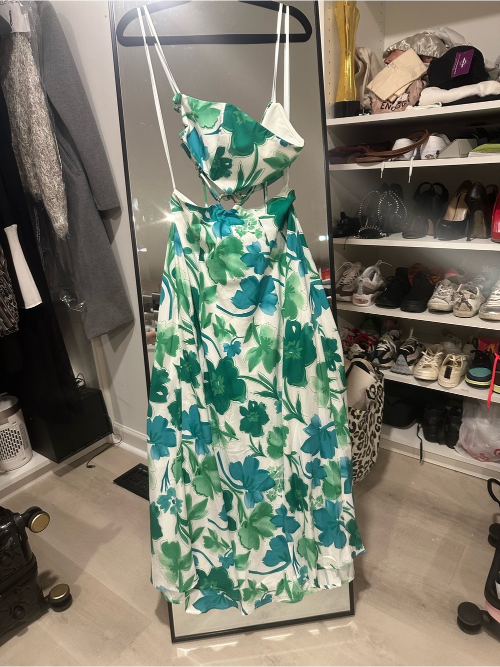 Green & Teal Floral Cutout Maxi Dress with Spaghetti Straps